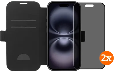BlueBuilt Apple iPhone 17 Book Case Leder Schwarz + Displayschutz mit Blickschutzfilter Doppelpack