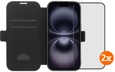 BlueBuilt Apple iPhone 17 Book Case Leder Schwarz + Panzerglas Doppelpack
