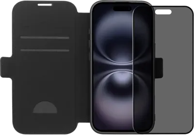 BlueBuilt Apple iPhone 17 Book Case Leder Schwarz + iPhone 17 Panzerglas mit Blickschutzfilter