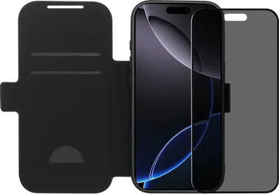 BlueBuilt Apple iPhone 17 Pro Book Case Leder Schwarz + BlueBuilt iPhone 17 Pro Panzerglas mit Blickschutzfilter