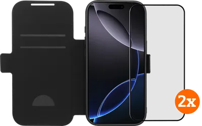 BlueBuilt Apple iPhone 17 Pro Book Case Leder Schwarz + Panzerglas Doppelpack