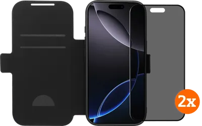 BlueBuilt Apple iPhone 17 Pro Book Case Leder Schwarz + Privacy Displayschutz Doppelpack