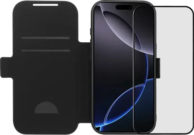 BlueBuilt Apple iPhone 17 Pro Book Case Leder Schwarz + BlueBuilt iPhone 17 Pro Panzerglas