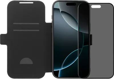 BlueBuilt Apple iPhone 17 Pro Max Book Case Leder Schwarz + BlueBuilt iPhone 17 Pro Max Panzerglas mit Blickschutzfilter
