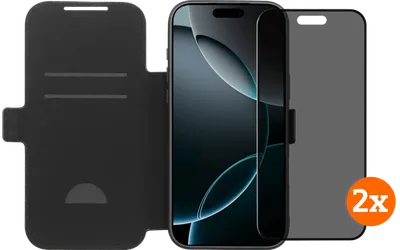 BlueBuilt Apple iPhone 17 Pro Max Book Case Leder Schwarz + Privacy Displayschutz Doppelpack
