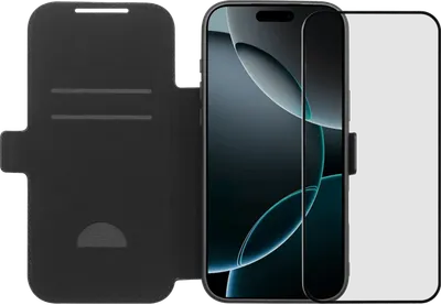 BlueBuilt Apple iPhone 17 Pro Max Book Case Leder Schwarz + BlueBuilt iPhone 17 Pro Max Panzerglas