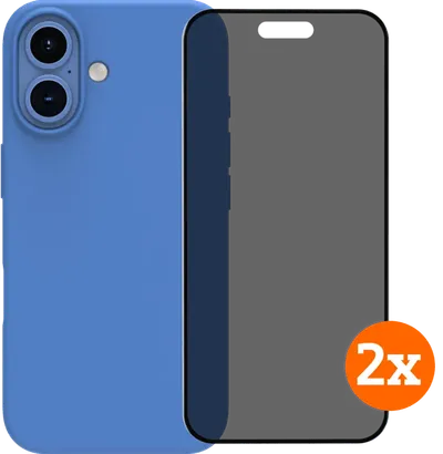BlueBuilt Backcover iPhone 16 Blau + Panzerglas mit Blickschutzfilter Doppelpack