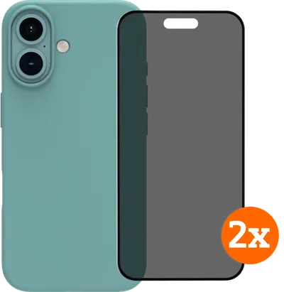 BlueBuilt Backcover iPhone 16 Grün + Panzerglas mit Blickschutzfilter Doppelpack