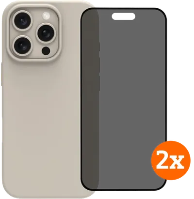 BlueBuilt Backcover iPhone 16 Pro Beige + Panzerglas mit Blickschutzfilter Doppelpack