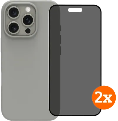 BlueBuilt Backcover iPhone 16 Pro Grau + Panzerglas mit Blickschutzfilter Doppelpack