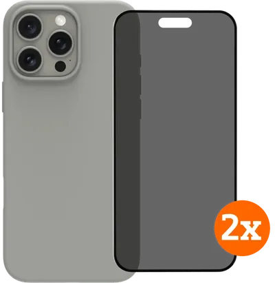 BlueBuilt Backcover iPhone 16 Pro Max Grau + Displayschutz mit Blickschutzfilter Doppelpack