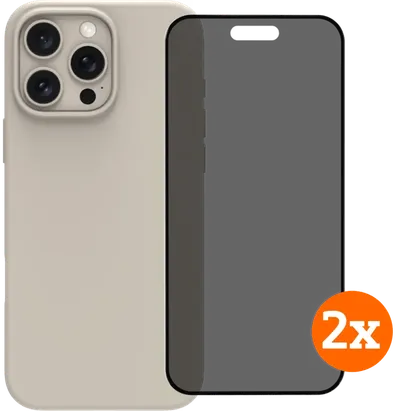 BlueBuilt Backcover iPhone 16 Pro Max Beige + Displayschutz mit Blickschutzfilter Doppelpack