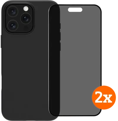 BlueBuilt Backcover iPhone 16 Pro Max Schwarz + Displayschutz mit Blickschutzfilter Doppelpack