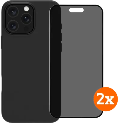 BlueBuilt Backcover iPhone 16 Pro Schwarz + Panzerglas mit Blickschutzfilter Doppelpack