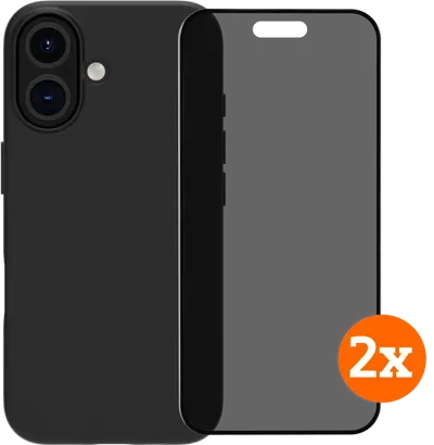 BlueBuilt Backcover iPhone 16 Schwarz + Panzerglas mit Blickschutzfilter Doppelpack