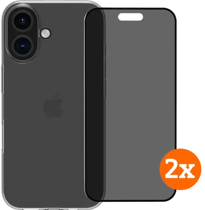 BlueBuilt Backcover iPhone 16 Transparent + Panzerglas mit Blickschutzfilter Doppelpack