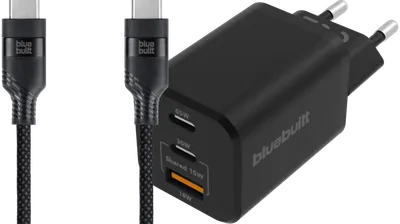 BlueBuilt Power-Delivery-Ladegerät 2 USB-C-Ports 65 W + USB-C-Kabel 1,5 m Nylon Schwarz