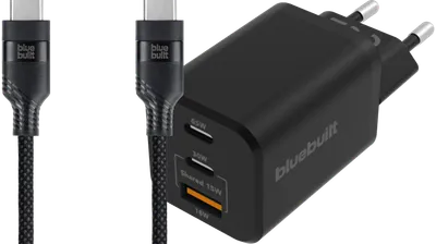 BlueBuilt Power-Delivery-Ladegerät 2 USB-C-Ports 65 W + USB-C-Kabel 3 m Nylon Schwarz
