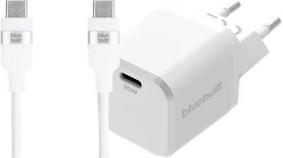 BlueBuilt Power-Delivery-Ladegerät 20 W + USB-C-Kabel 1,5 m Nylon Weiß