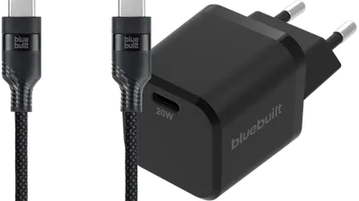 BlueBuilt Power-Delivery-Ladegerät 20 W + USB-C-Kabel 1,5 m Nylon Schwarz