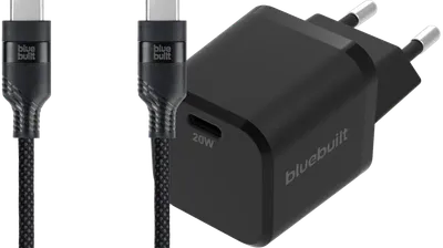 BlueBuilt Power-Delivery-Ladegerät 20 W + USB-C-Kabel 3 m Nylon Schwarz