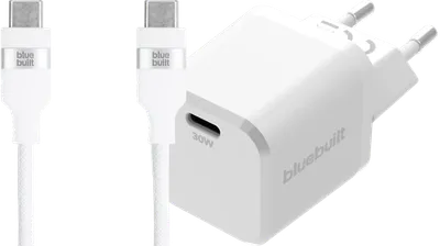 BlueBuilt Power-Delivery-Ladegerät 30 W + USB-C-Kabel 3 m Nylon Weiß