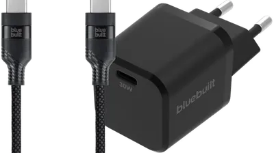 BlueBuilt Power-Delivery-Ladegerät 30 W + USB-C-Kabel 3 m Nylon Schwarz