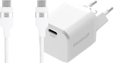 BlueBuilt Power-Delivery-Ladegerät 30 W + USB-C-Kabel 1,5 m Nylon Weiß
