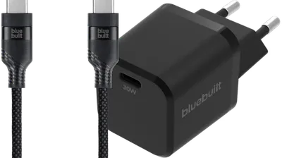 BlueBuilt Power-Delivery-Ladegerät 30 W + USB-C-Kabel 1,5 m Nylon Schwarz