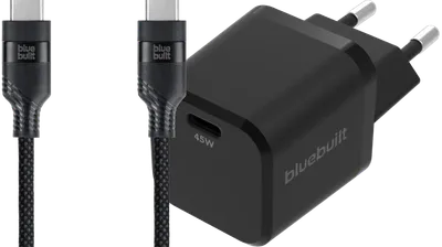 BlueBuilt Power-Delivery-Ladegerät 45 W + USB-C-Kabel 1,5 m Nylon Schwarz