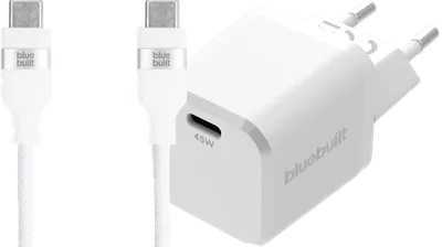 BlueBuilt Power-Delivery-Ladegerät 45 W + USB-C-Kabel 1,5 m Nylon Weiß
