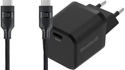BlueBuilt Power-Delivery-Ladegerät 45 W + USB-C-Kabel 3 m Nylon Schwarz