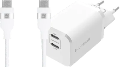 BlueBuilt Power-Delivery-Ladegerät mit 2 USB-C-Ports 65 W + USB-C-Kabel 3 m Nylon Weiß