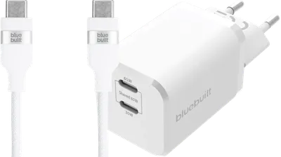 BlueBuilt Power-Delivery-Ladegerät mit 2 USB-C-Ports 65 W + USB-C-Kabel 1,5 m Nylon Weiß