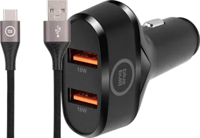 BlueBuilt Quick-Charge-Autoladegerät 18 W Schwarz + USB-C-Kabel 1,5 m Nylon Schwarz