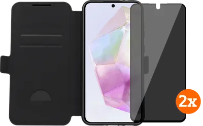 BlueBuilt Samsung Galaxy A36 Book Case Schwarz + Displayschutz mit Blickschutzfilter Doppelpack