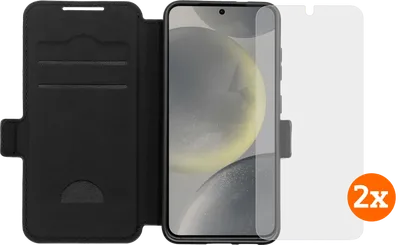 BlueBuilt Samsung Galaxy S25 Book Case Schwarz + Panzerglas Doppelpack
