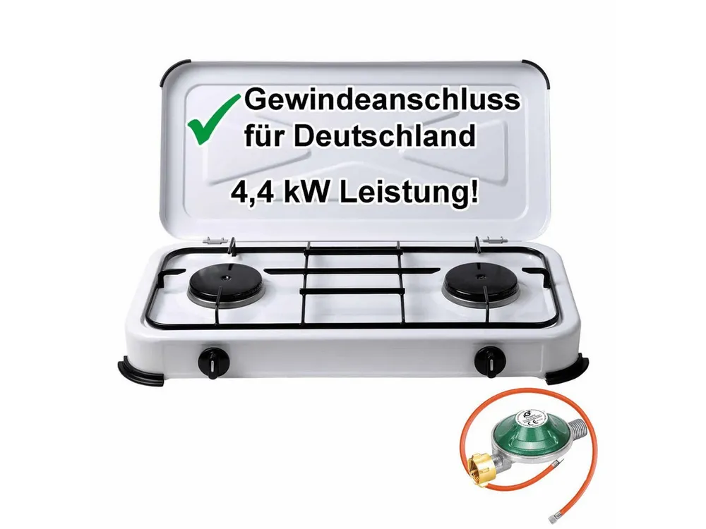 BlueCraft Gaskocher 2 flammig 50mbar Propan Gas Campingkocher 4,4 kW Gas-Kochfeld Gasherd, (mit Schlauch 100 cm und Gas Regler Druckminderer), Camping Gas Kocher 2 flammen für Gasflasche