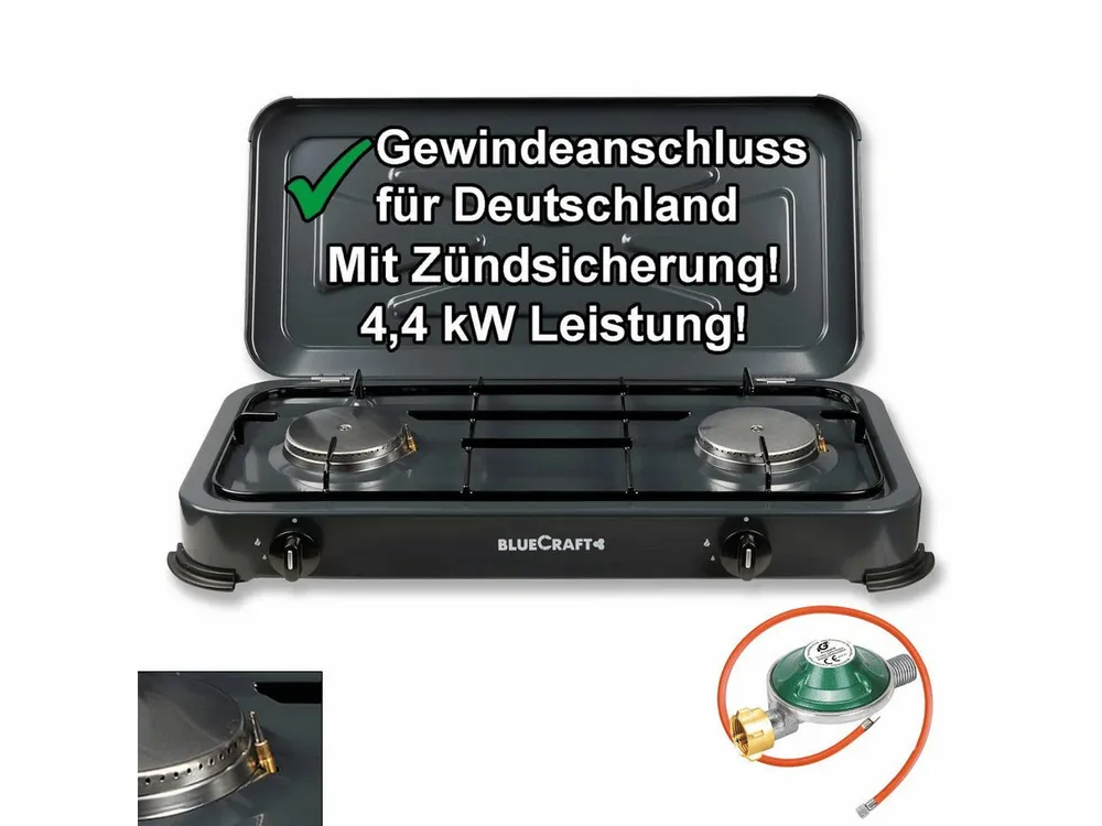 BlueCraft Gaskocher 2 flammig mit Zündsicherung 50mbar Propan Gas Campingkocher 4,4 kW, (mit Schlauch 100 cm und Gas Regler Druckminderer), Camping Gas Kocher 2 flammen für Gasflasche Gasherd Gas-Kochfeld