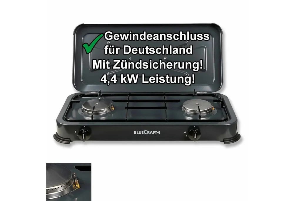 BlueCraft Gaskocher 2 flammig mit Zündsicherung 50mbar Propan Gas Campingkocher 4,4 kW, (Camping Gas Kocher 2 flammen für Gasflasche Gasherd Gas-Kochfeld), Campingkocher 2-flammig mit Zündsicherung