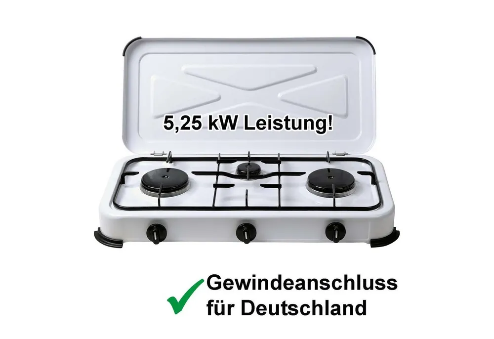 BlueCraft Gaskocher 3 flammig 50mbar Propan Gas Campingkocher 5,25 kW Gas-Kochfeld Gasherd, Camping Gas Kocher 3 flammen für Gasflasche