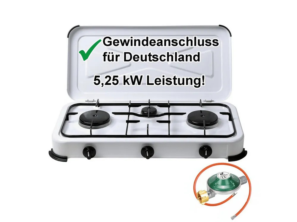BlueCraft Gaskocher 3 flammig 50mbar Propan Gas Campingkocher 5,25 kW Gas-Kochfeld Gasherd, (mit Schlauch 100 cm und Gas Regler Druckminderer), Camping Gas Kocher 3 flammen für Gasflasche
