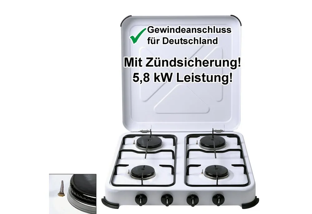 BlueCraft Gaskocher 4 flammig mit Zündsicherung 50mbar Propan Gas Campingkocher 5,8 kW, Camping Gas Kocher 4 flammen für Gasflasche Gasherd Gas-Kochfeld