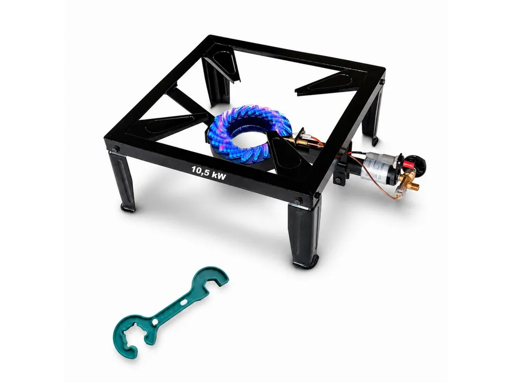 BlueCraft Gaskocher Hockerkocher 10,5 kW Gas mit Zündsicherung Piezozündung für Gasflasche, (Inklusive 2 in 1 Gasregler-Schlüssel mit Magnet), 4 Bein Profi Gasbrenner Gusseisen für Camping Räucheröfen Wok Kocher
