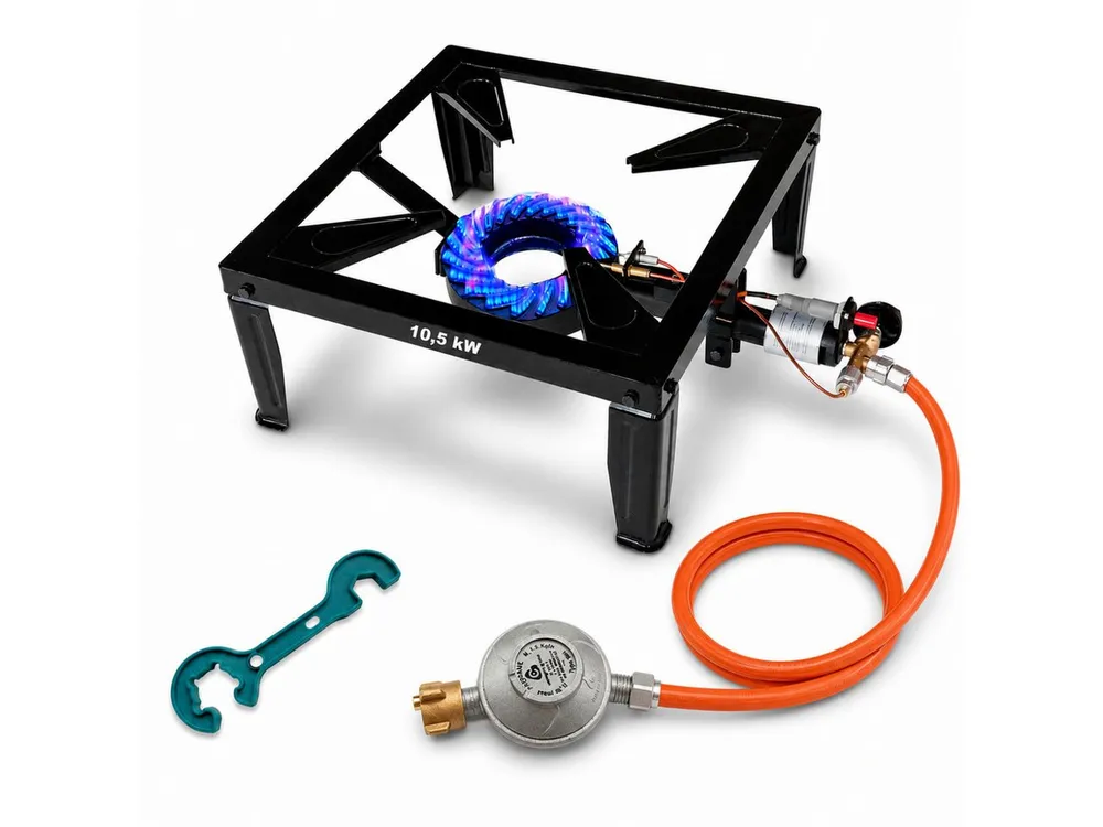 BlueCraft Gaskocher Hockerkocher 10,5 kW Gas mit Zündsicherung Piezozündung für Gasflasche, (mit Schlauch 150 cm und Gas Regler Druckminderer), 4 Bein Profi Gasbrenner Gusseisen für Camping Räucheröfen Wok Kocher