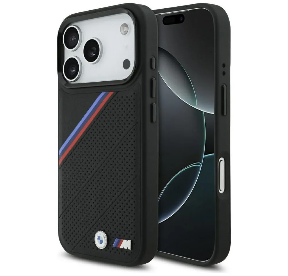 BMW Handyhülle Case iPhone 17 Pro MagSafe Kunstleder schwarz Tricolor Logo Metall 6,3 Zoll, Kantenschutz