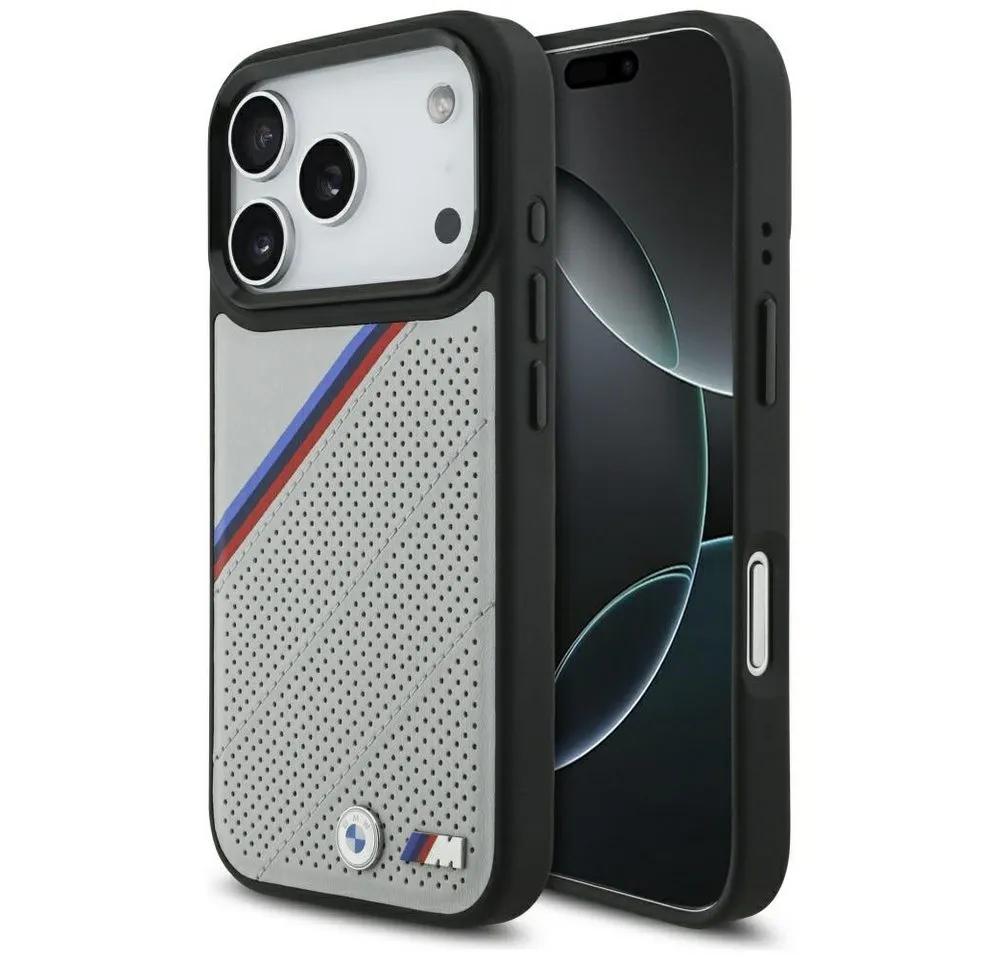 BMW Handyhülle Case iPhone 17 Pro MagSafe Kunstleder grau Tricolor Logo Metall 6