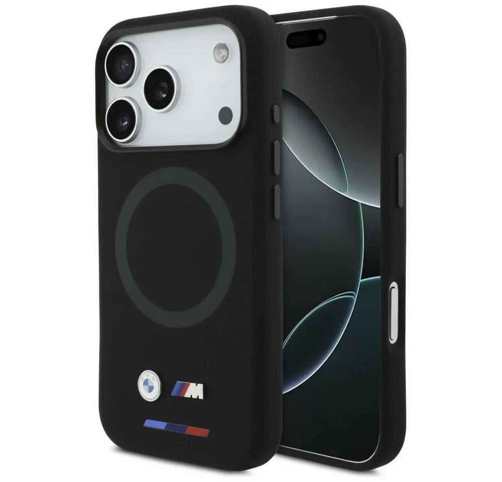BMW Handyhülle Case iPhone 17 Pro MagSafe Silikon schwarz Logo Metall 6,3 Zoll, Kantenschutz