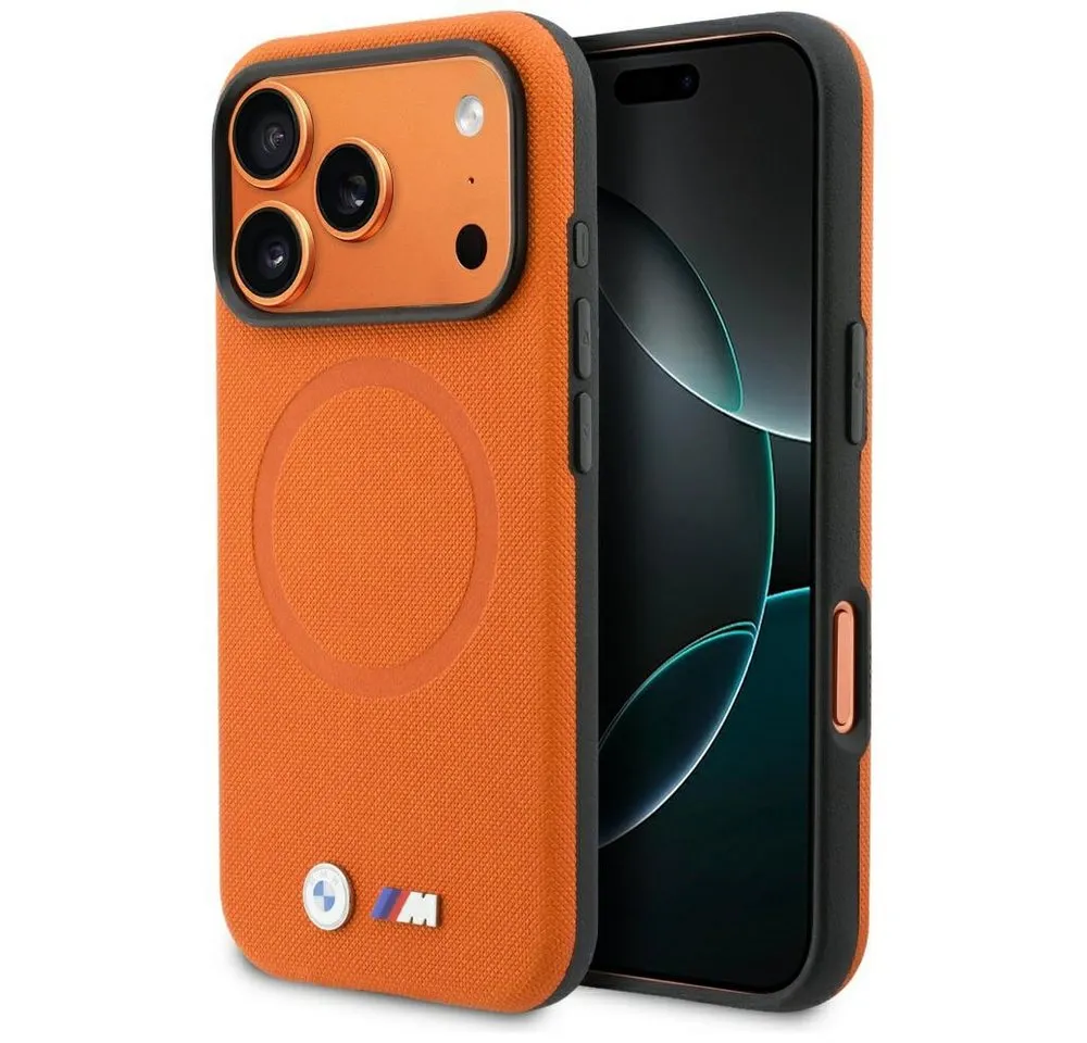 BMW Handyhülle Case iPhone 17 Pro Max MagSafe Kunstleder orange Logo Metall 6,9 Zoll, Kantenschutz