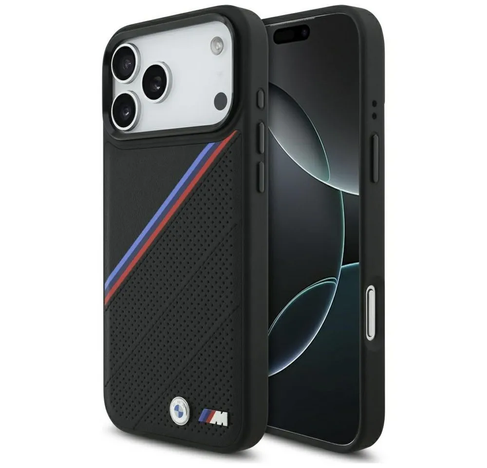 BMW Handyhülle Case iPhone 17 Pro Max MagSafe Kunstleder schwarz Tricolor Logo Metall 6,9 Zoll, Kantenschutz